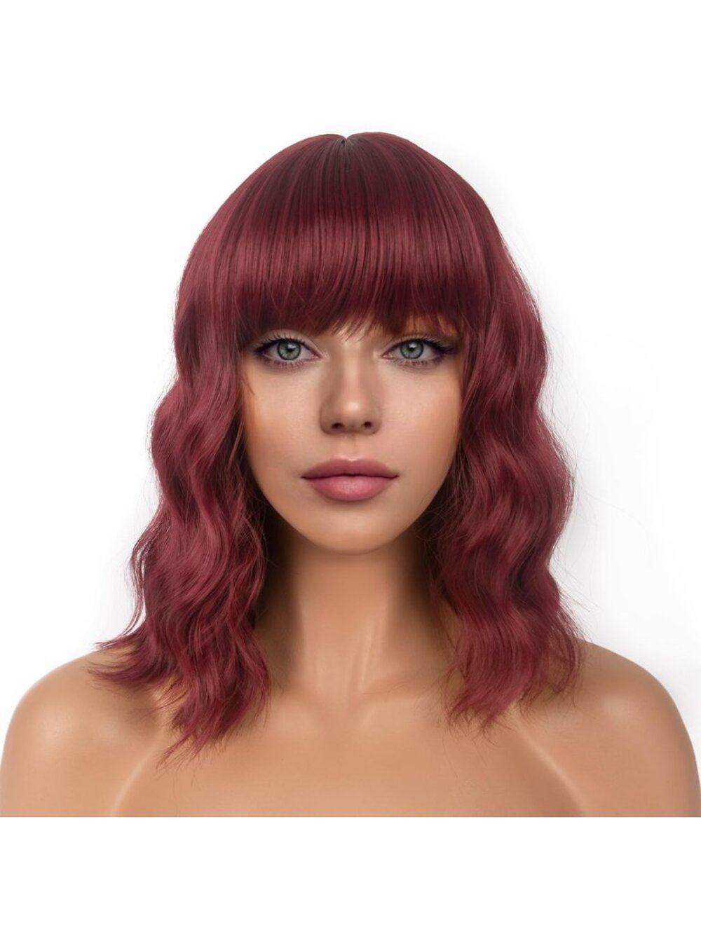 Women's Auburn Shoulder Length Synthetic Loose Wavy Short Bob Wigs Bangs
